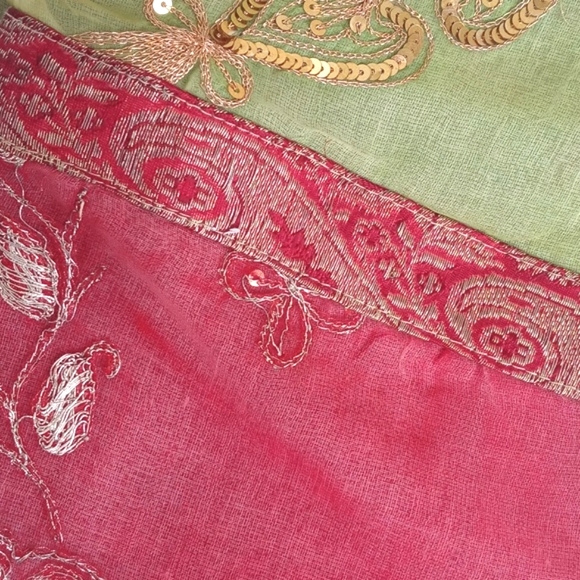 Antique Vintage Batik Sheer Pink Red Green Gold Sequins Embroidered Pillow Sham - Picture 7 of 13